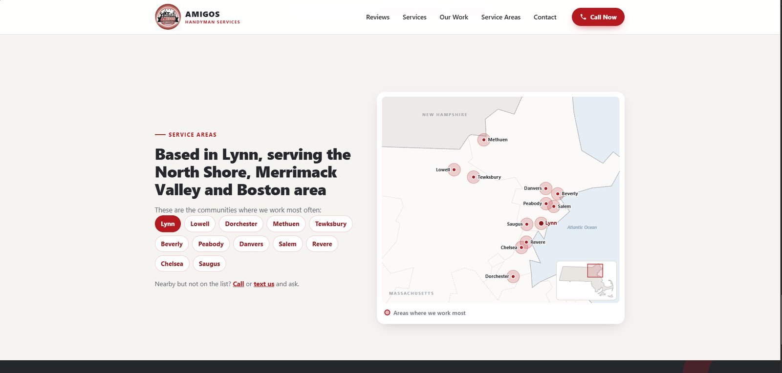 Amigos Handyman Services website section listing service areas in Massachusetts with an illustrated map