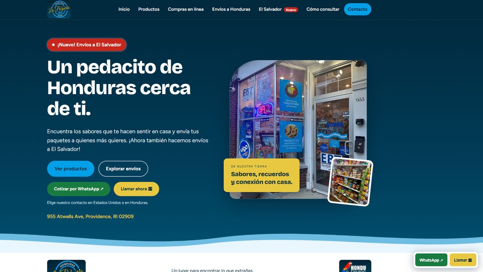 Pulpería HN website homepage with the headline Un pedacito de Honduras cerca de ti and a photo of the storefront