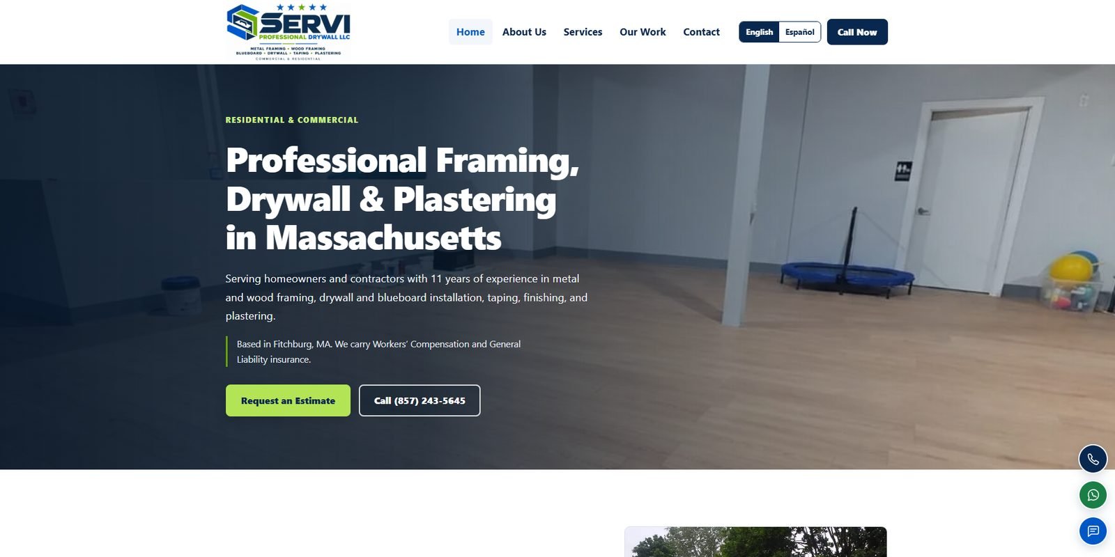 Servi Professional Drywall LLC website homepage with the headline Professional Framing, Drywall and Plastering in Massachusetts